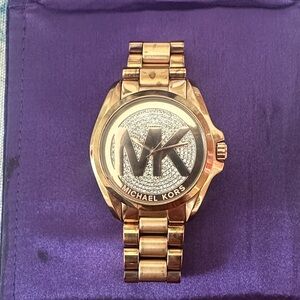 Michael Kors Rose Gold Tone MK Pavé Logo Bracelet Watch